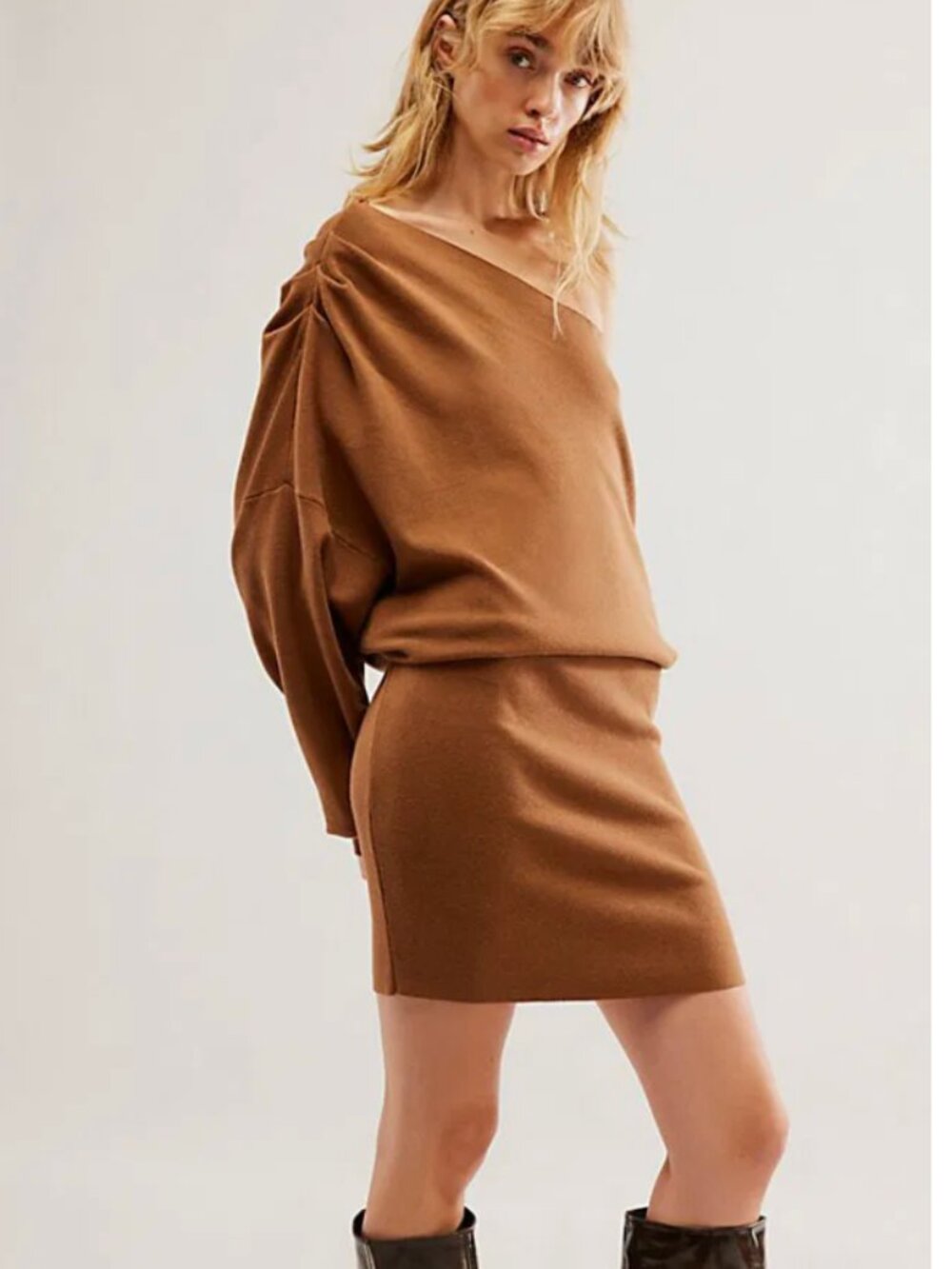 Free People Nola Sweater Mini Dress Camel Brown Off Shoulder Asymmetric Sz M